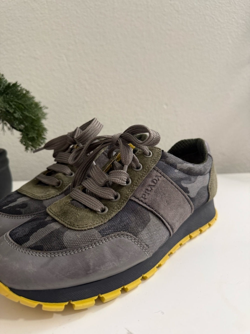 Prada women   Size 37 Gray Camo and Olive Low-Top Sneakers with Yellow Outsole